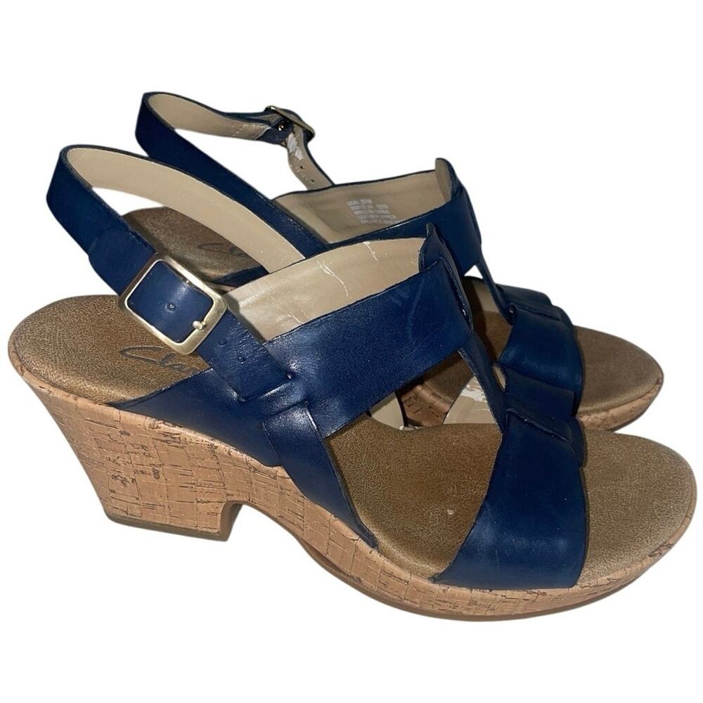Clarks Women's Size 8.5 M Navy Blue Cork Wedges Leather T-Back Slingback Sandal